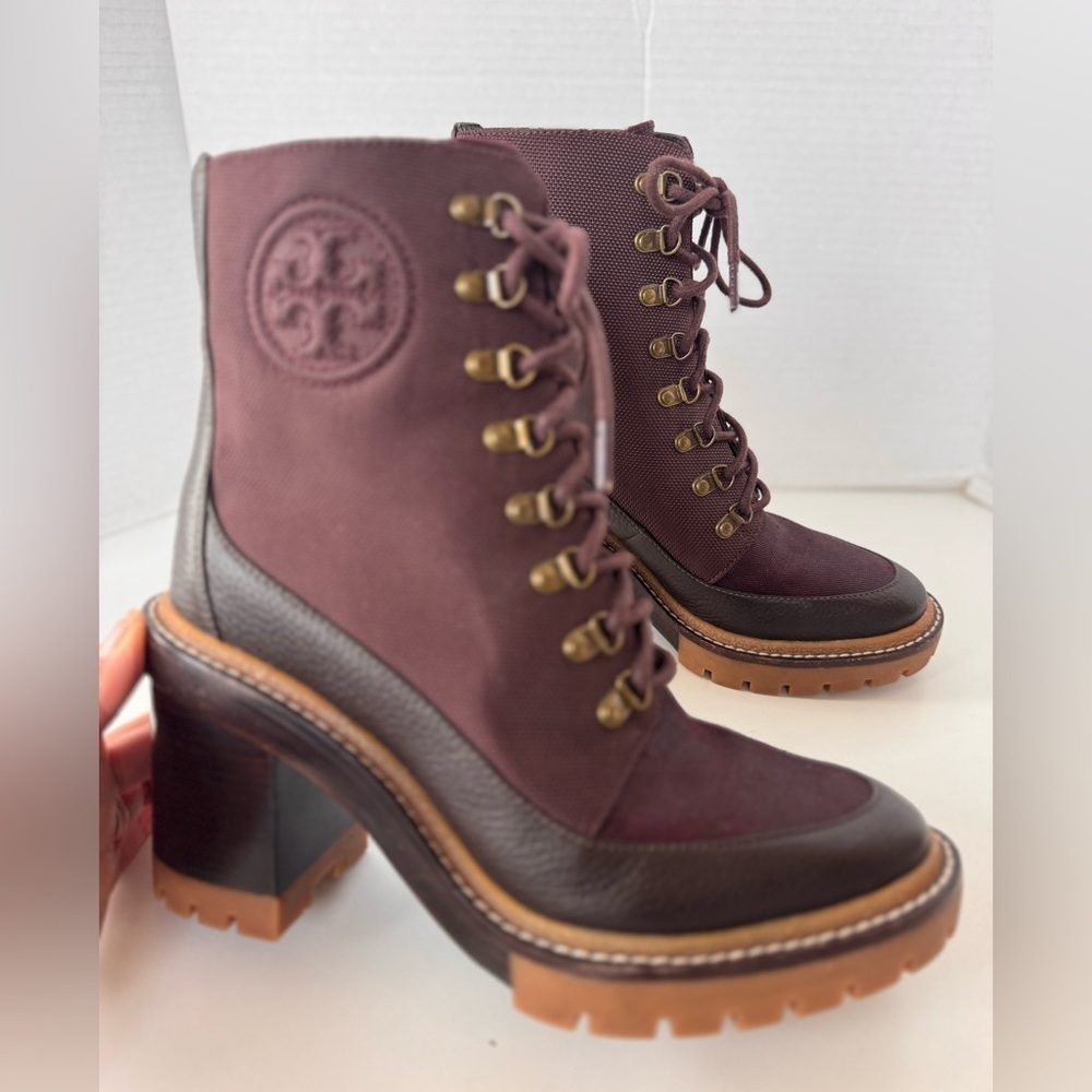 Tory Burch Miller Burgundy Canvas Lug Sole Lace Up Heel Boots Women’s size 8 - Picture 4 of 11